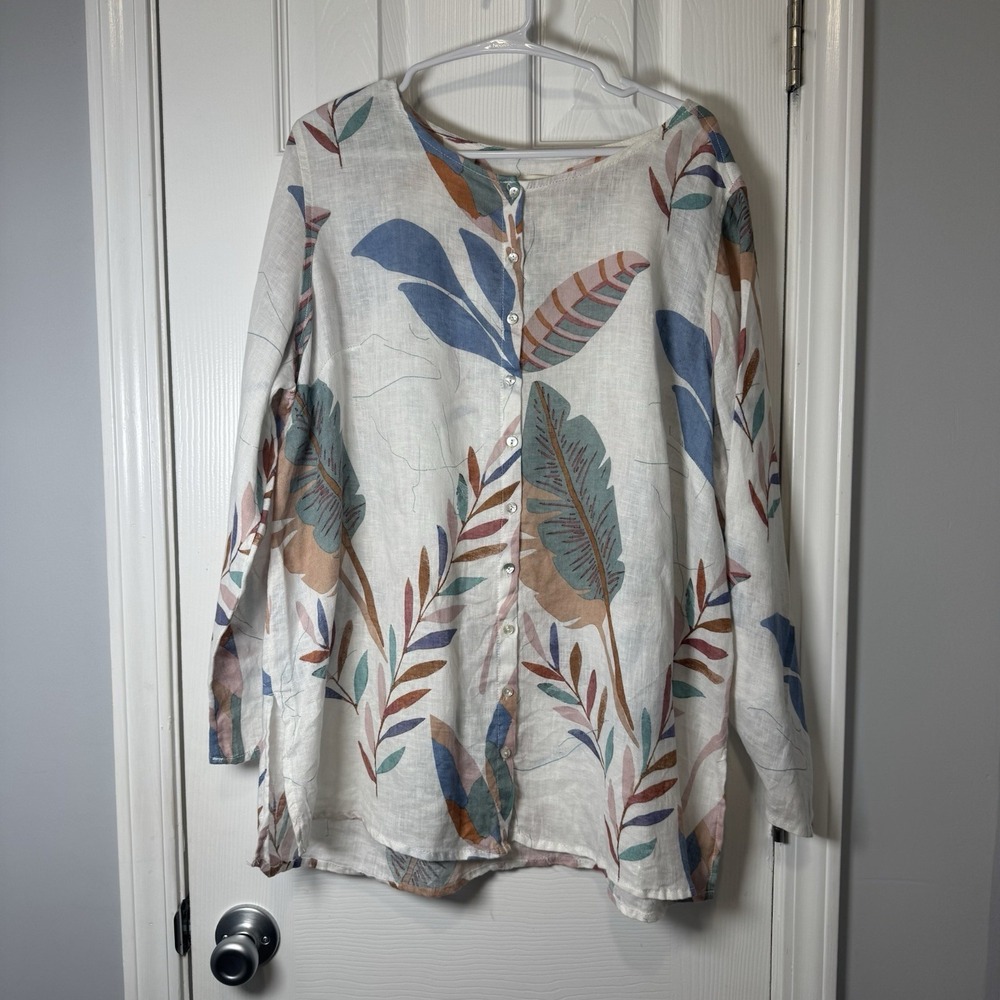 Cynthia Rowley‎ 100% Linen Long Roll Tab Sleeve Button Down Blouse Size 1X Tunic